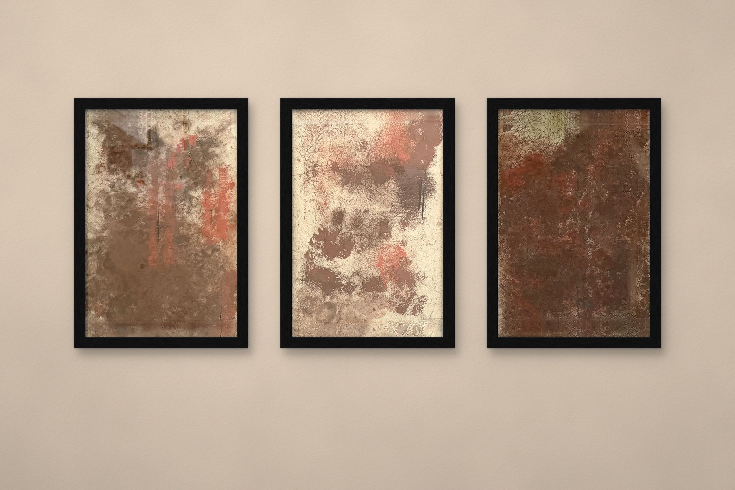 Oxide Studies, three framed rust-toned works hung as a triptych.